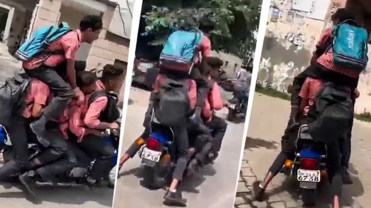एक बाइक पर 5 बच्चे, कंधे पर सवार छात्र